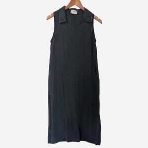 90s Charcoal Linen Midi Dress Minimalist Sleeveless Collared Vintage Petite M